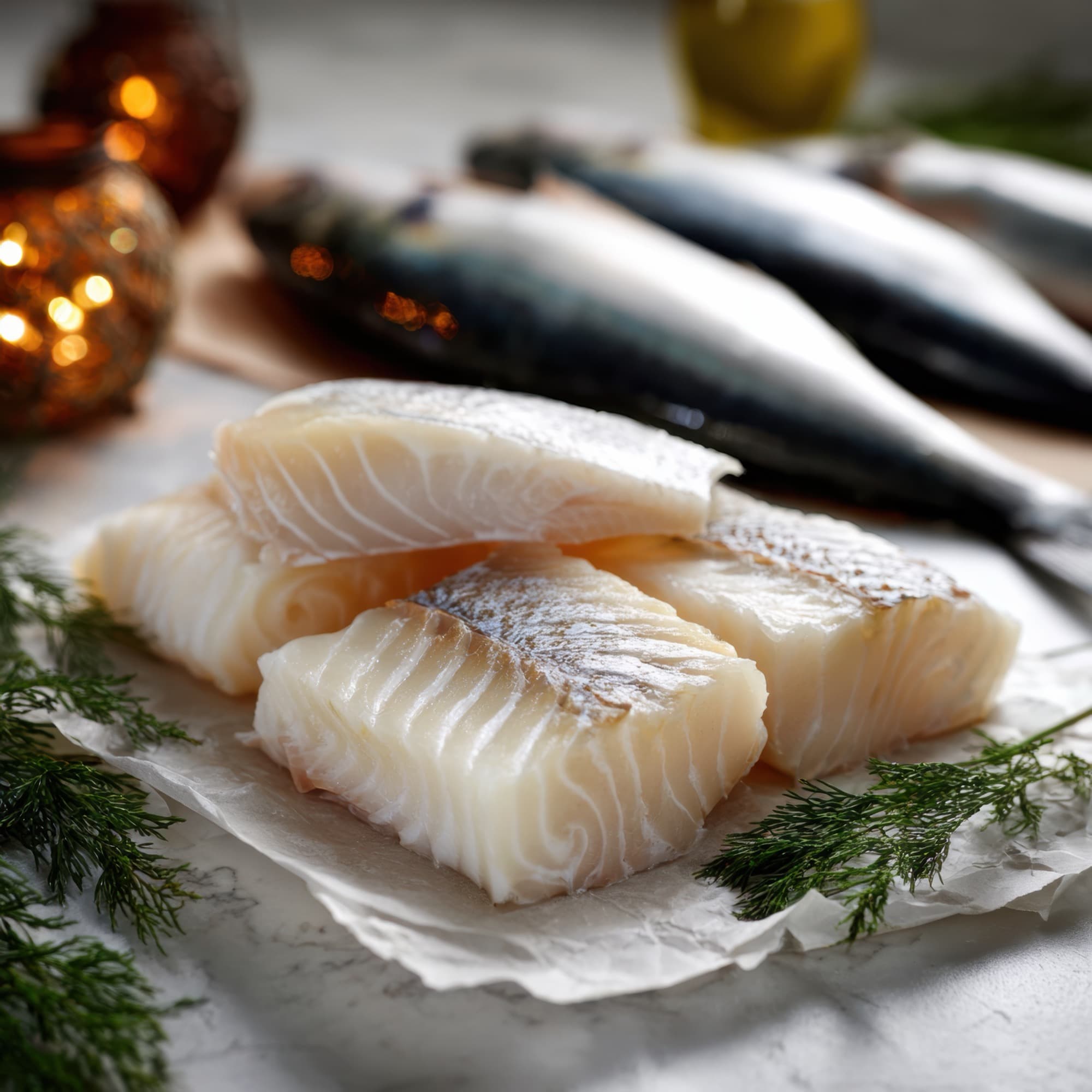 Fresh fish portions cut to order on parchment paper