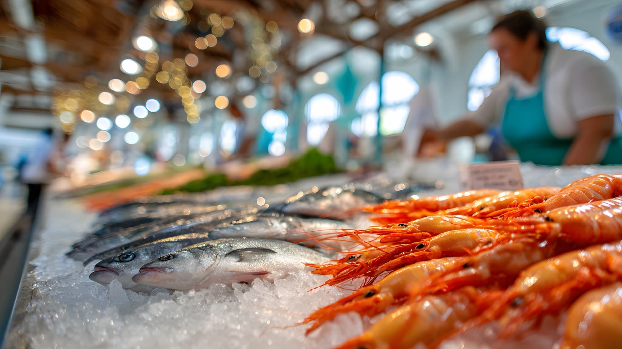 Fresh fish and shrimp on ice at a seafood market counter