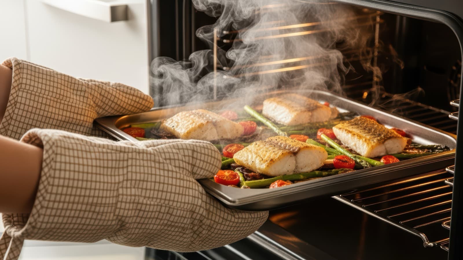 Sheet pan of oven-baked white fish fillets with asparagus and tomatoes, fresh from a home oven