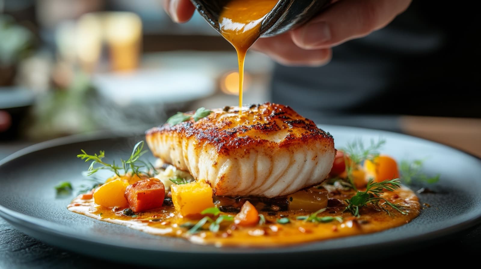 Seared white fish fillet plated with pan sauce, vegetables, and herbs