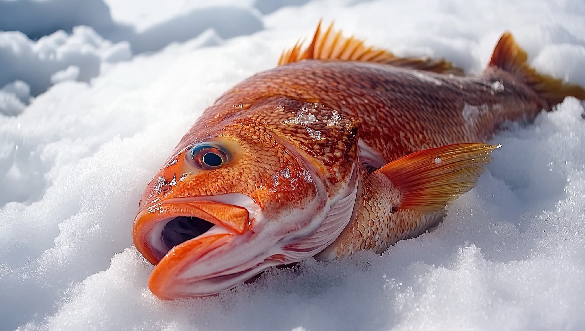 Whole fresh red snapper on crushed ice, ready for seafood delivery in South Tampa